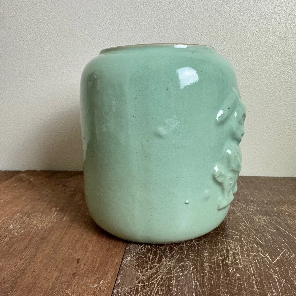 Vintage Mint Green Glazed Cookie Jar with Rabbit & Carrot NO LID farmhouse decor